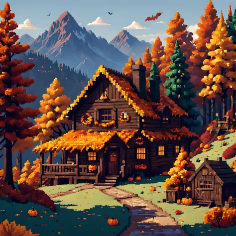 (halloween theme:1.3), (Mountain Cabin (Mountain Cabin) (Mountain Cabin (Mountain Cabin)):1.3), (Pixel art:1.5),  Mountain road ...