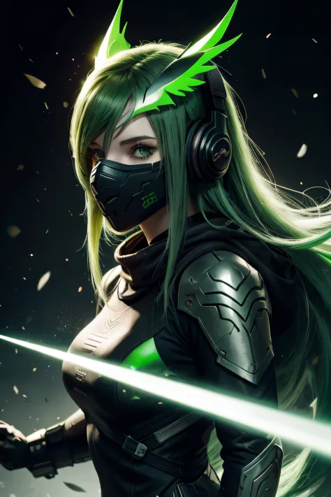 girl with long green hair, green eyes, futuristic vibes, mask on mouth, headphones, 8k, high quality, simple background, glowing...