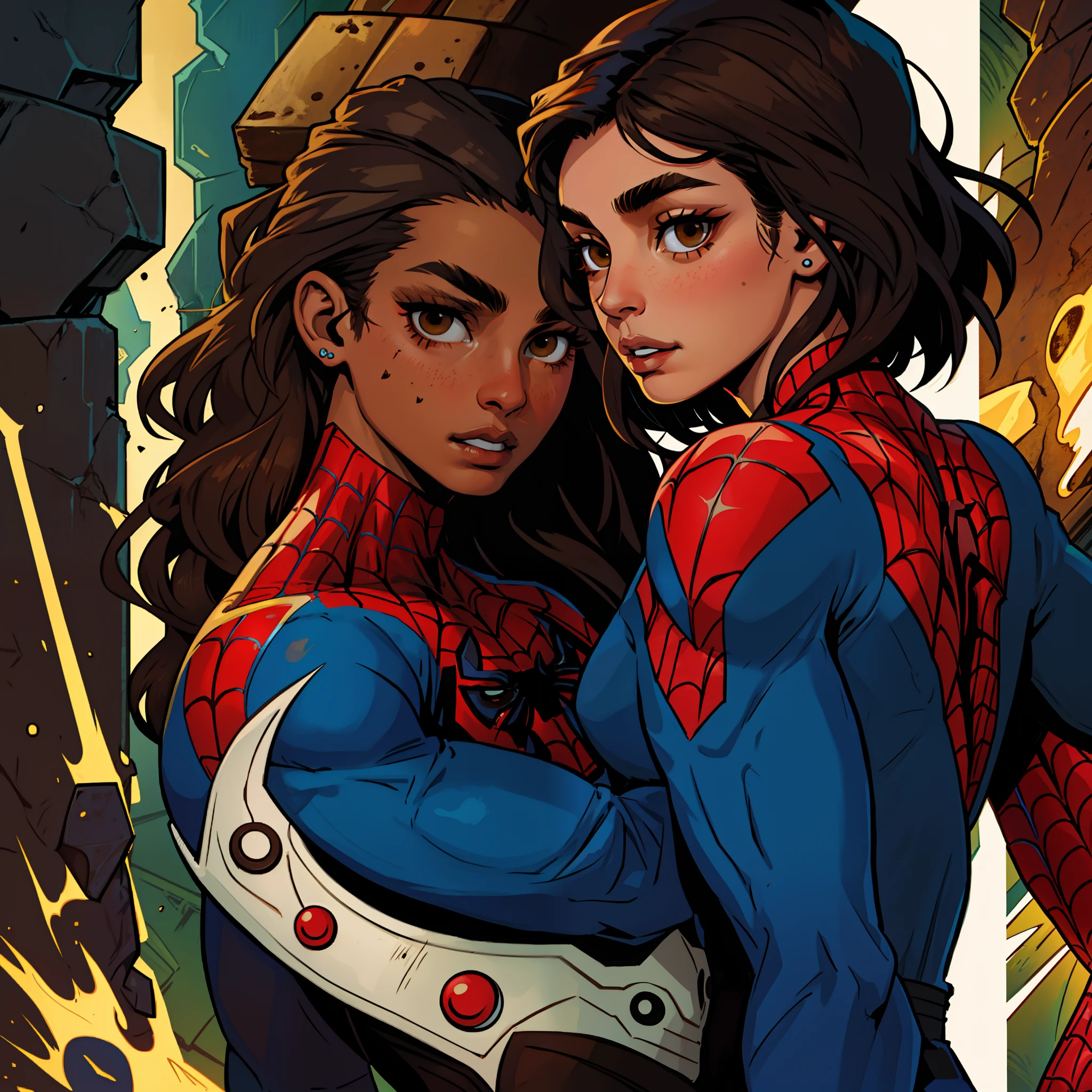 A close up of a woman and a man in a spider - man suit - SeaArt AI