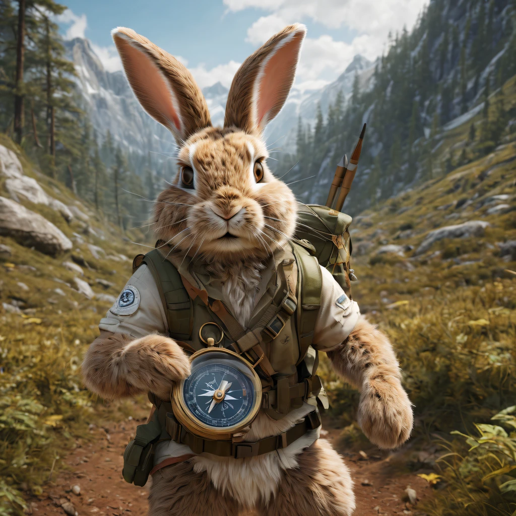 furry male , adult, muscular, realistic fur, detailed background, wilderness background, ra bunny explorer navigating through different terrains using a compass and map. The composition captures the bunny's sense of curiosity and resourcefulness as it explores the great outdoors. evoking a sense of joy and excitement for the wonders of nature. ealistic, photorealistic, ultra realistic, 8k