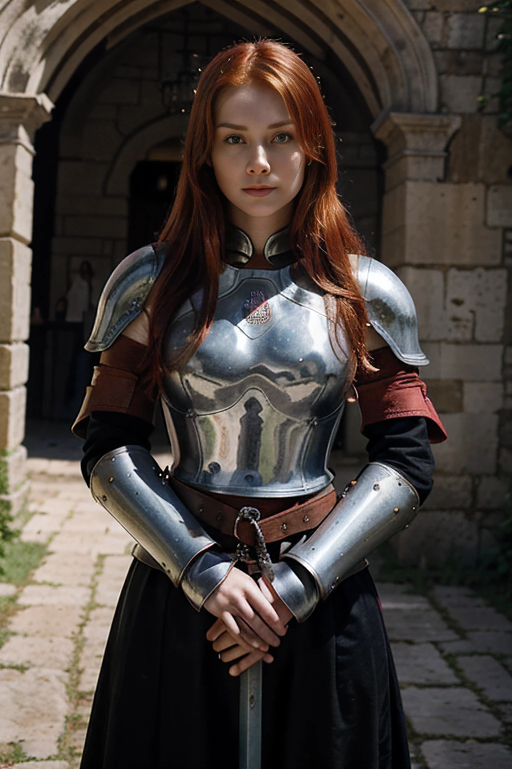Red-haired woman,Young 14 years old Russian, as a knight in the courtyard of a 13th century castle, Holding a long two-handed sword in front of him with both hands in steel gauntlets, Steel Shoulder Pads ,Steel wristbands, There are scratches and dents on the armor ,