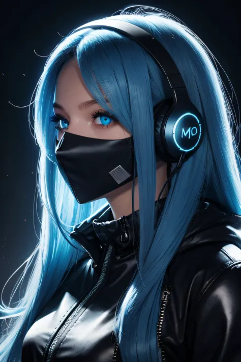 girl with long blue hair, blue eyes, futuristic vibes, mask on mouth, headphones, 8k, high quality, simple background, glowing e...