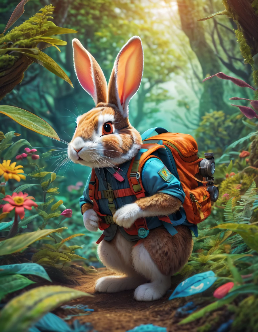 an adventurous bunny equipped with a backpack and binoculars, exploring diverse natural habitats. The composition showcases the bunny's curiosity and love for nature, as it immerses itself in different ecosystems. The use of vibrant colors and intricate details adds depth and visual interest to the artwork, evoking a sense of awe and appreciation for the beauty of the natural world. Created by renowned digital artist James Gurney