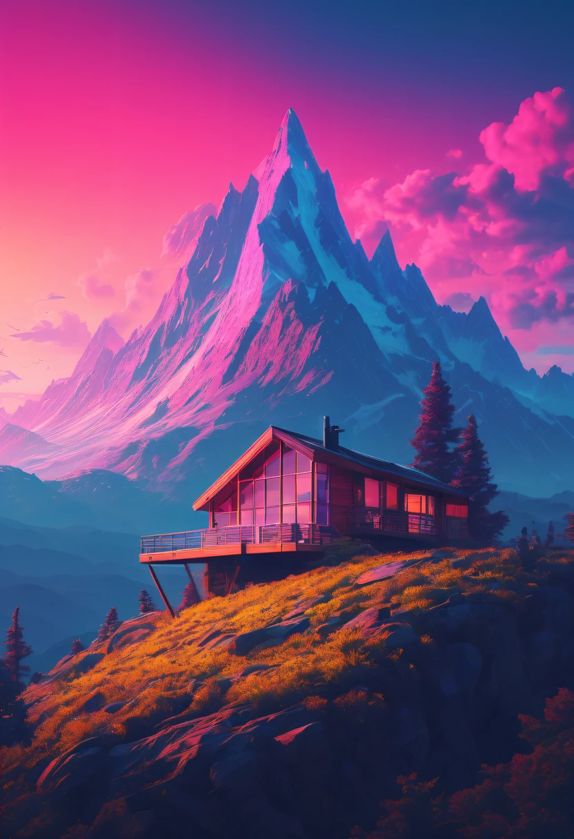 Experience the allure of modern architecture with this mesmerizing digital artwork featuring a mountain cabin perched on a cliffside, offering breathtaking views of rugged peaks. The composition showcases the cabin's sleek design and seamless integration with the natural landscape. The use of vibrant colors and clean lines adds a contemporary touch to the artwork, evoking a sense of awe and admiration for both nature and human innovation. Created by renowned digital artist Beeple, 8k