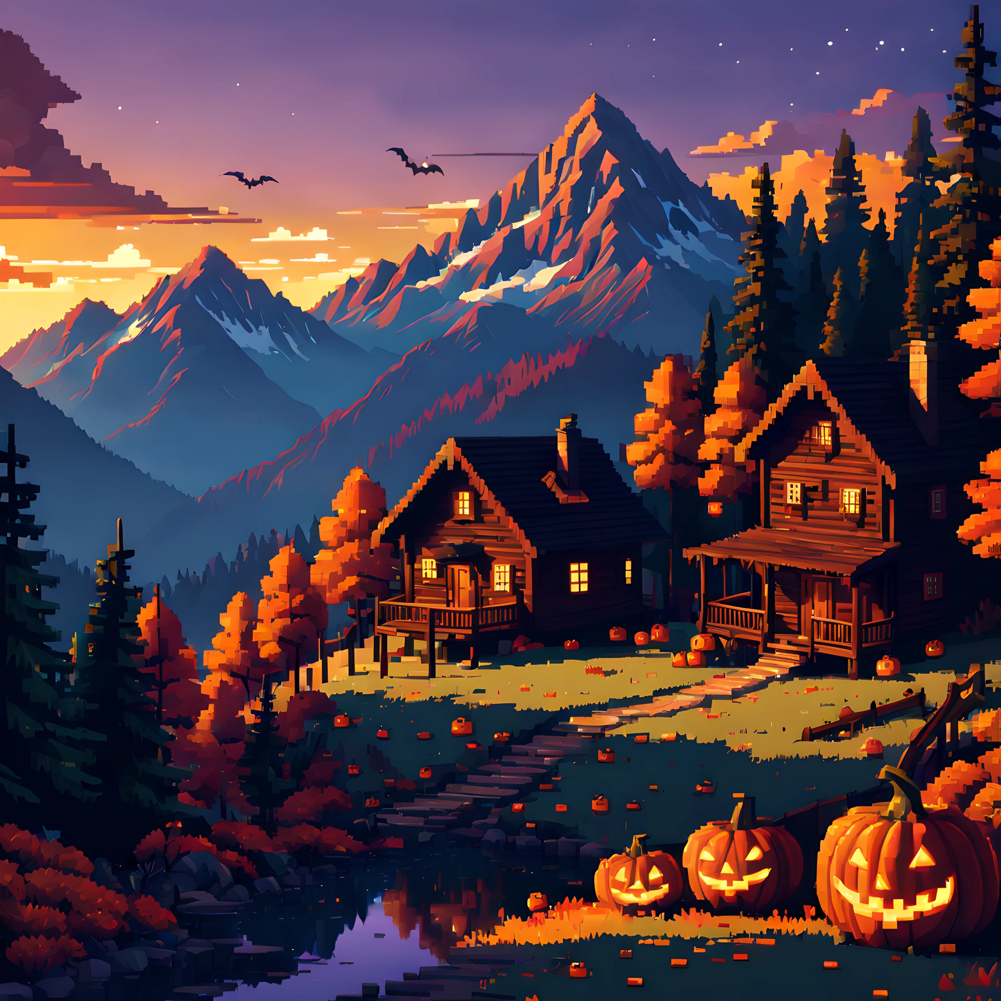 (halloween theme:1.3), (Mountain Cabin (Mountain Cabin) (Mountain Cabin (Mountain Cabin)) (Mountain Cabin (Mountain Cabin) (Mountain Cabin (Mountain Cabin))) (Mountain Cabin (Mountain Cabin) (Mountain Cabin (Mountain Cabin)) (Mountain Cabin (Mountain Cabin) (Mountain Cabin (Mountain Cabin)))):1.3), (Pixel art:1.5),  Mountain road decorated for Halloween、Halloween Decoration Hats、Autumn mountain hut、Colored leaves、Sunset、A mountain hut bathed in the setting sun、evening glow、