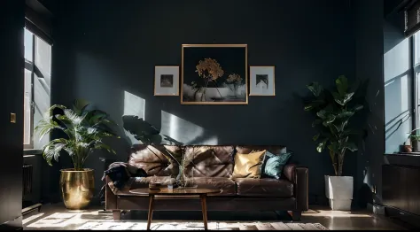 Interior Design Image:
The image features an apartment situated in Bangladesh, specifically in the vibrant Meatpacking District. The interior design is sleek and modern, characterized by a dark blue wall as the backdrop. A brown leather couch is positioned...