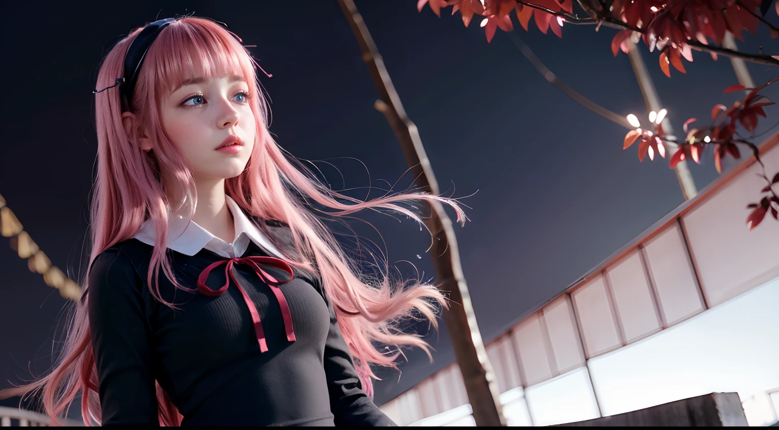 shuuchiin_academy_uniform, fujiwara_chika, school_uniform, pink_hair, red_ribbon, black_bow, long_hair, hair_bow, black_dress, long_sleeves, blue_eyes, extremely beautiful face, beauty, exquisite face, ((upper body)), detailed face, ((blue eyes))