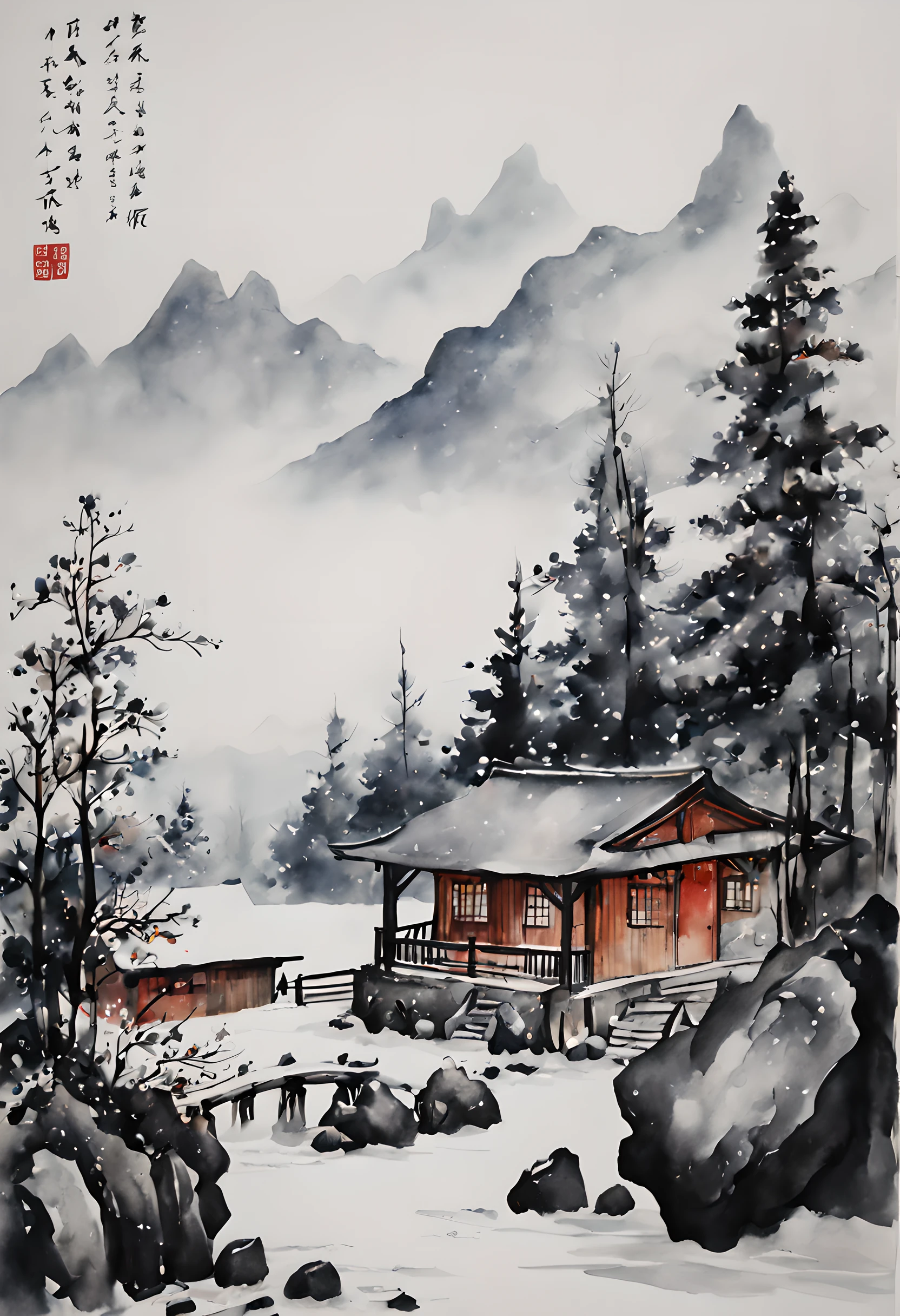 (ink and watercolor painting:1.5), (landscape painting:1.5), (mountain cabin:1.5), (Tasteful:1.5), (Winter Mountain Cabin:1.5), (Switzerland:1.5), (the Alps:1.5), (Snowy mountains in winter:1.5), (rock:1.5，(tree:1.5)，(ink-painting:1.5)，(chinese style:1.5)