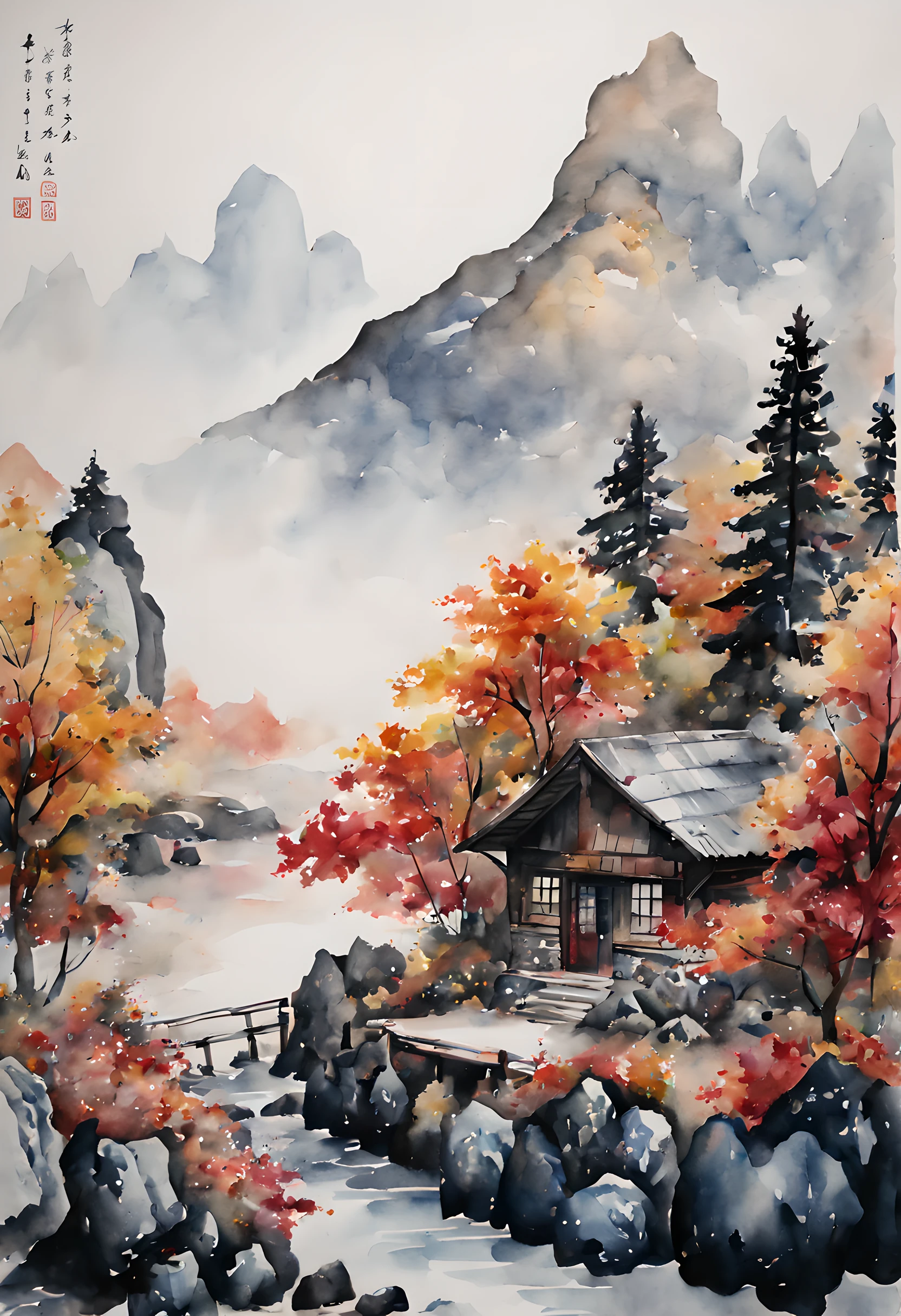 (การวาดภาพด้วยหมึกและสีน้ำ:1.5), (จิตรกรรมภูมิทัศน์:1.5), (กระท่อมบนภูเขา (กระท่อมบนภูเขา):1.5), (มีรสนิยมดี:1.5), (Autumn กระท่อมบนภูเขา (秋 กระท่อมบนภูเขา):1.5), (สวิตเซอร์แลนด์:1.5), (เทือกเขาแอลป์:1.5), (ใบไม้หลากสี:1.5), (หิน:1.5，(ต้นไม้:1.5)，(การวาดภาพด้วยหมึกและสีน้ำ:1.5)，(สไตล์จีน:1.5)