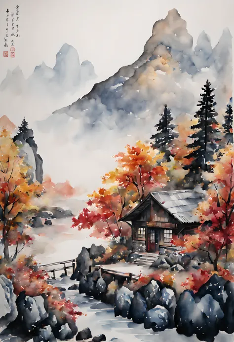 (ink and watercolor painting:1.5), (Landscape painting:1.5), (Mountain Cabin (Mountain Cabin):1.5), (Tasteful:1.5), (Autumn Moun...