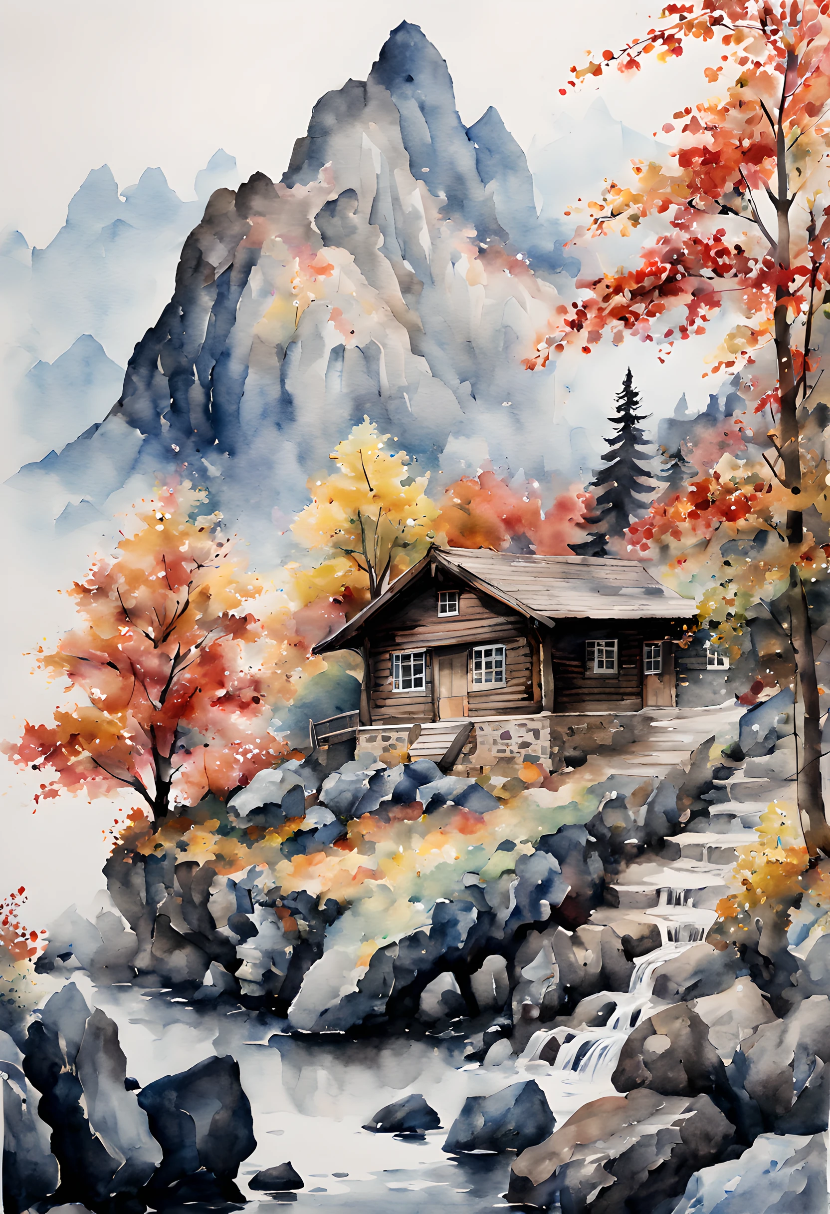 山间小屋和小溪流淌的绘画- SeaArt AI