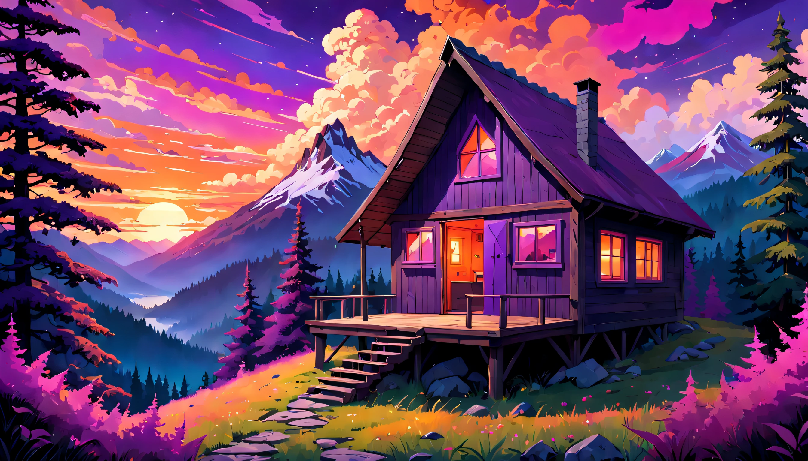 神秘的山间小屋坐落在茂密的, 迷幻森林, 令人惊叹的日落天空投射出充满活力的, 暖色调的紫色, 粉色和橙色, 创造一种好奇和好奇的氛围.
