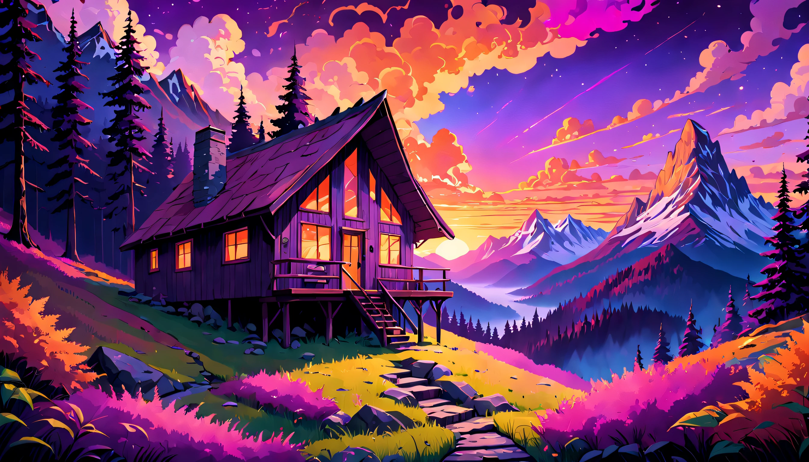 Mystérieuse cabane de montagne nichée au milieu d’une, Forêts psychédéliques, avec un coucher de soleil à couper le souffle projetant des, teintes chaudes de violet, rose et orange, créant une atmosphère de curiosité et d’intrigue.