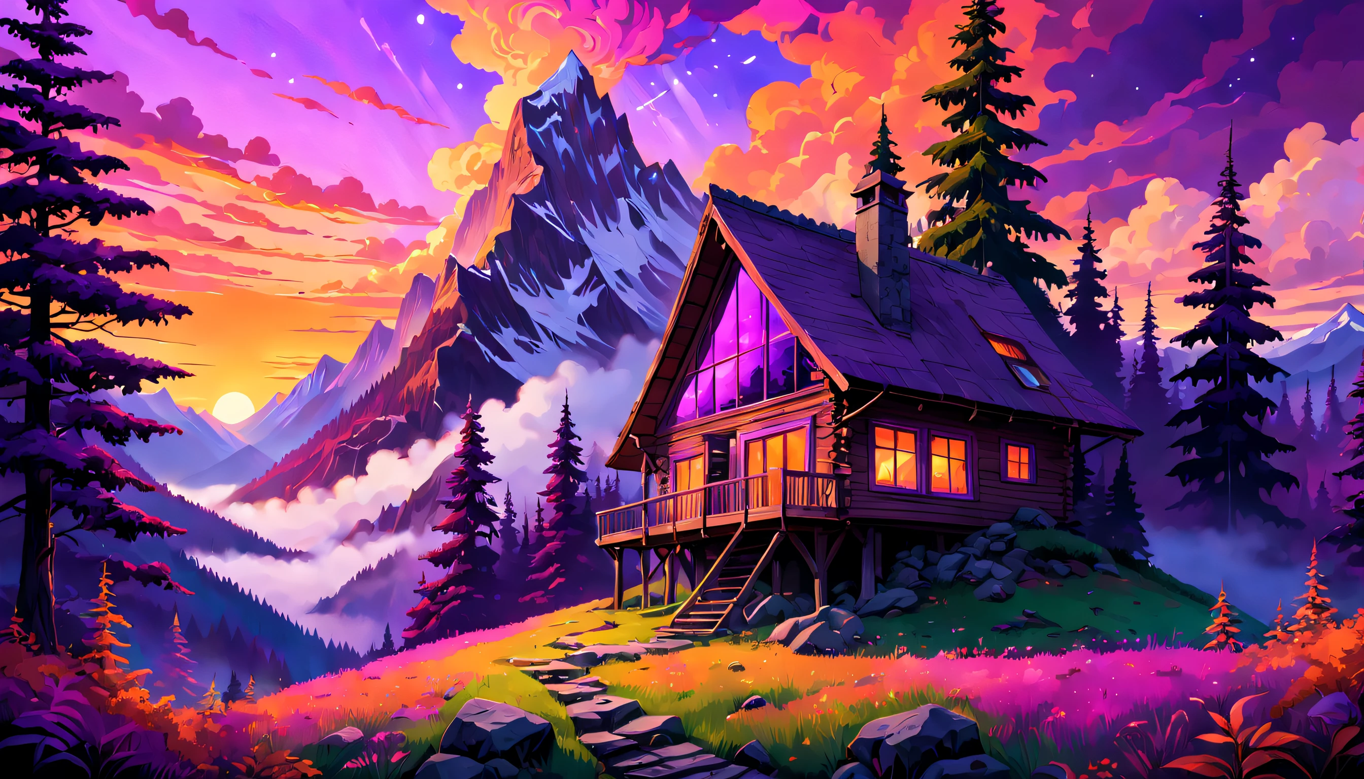 Mysterious mountain cabin nestled amongst dense, psychedelic forests, with a breathtaking sunset sky casting vibrant, warm hues of purple, pink and orange, creating an atmosphere of curiosity and intrigue.