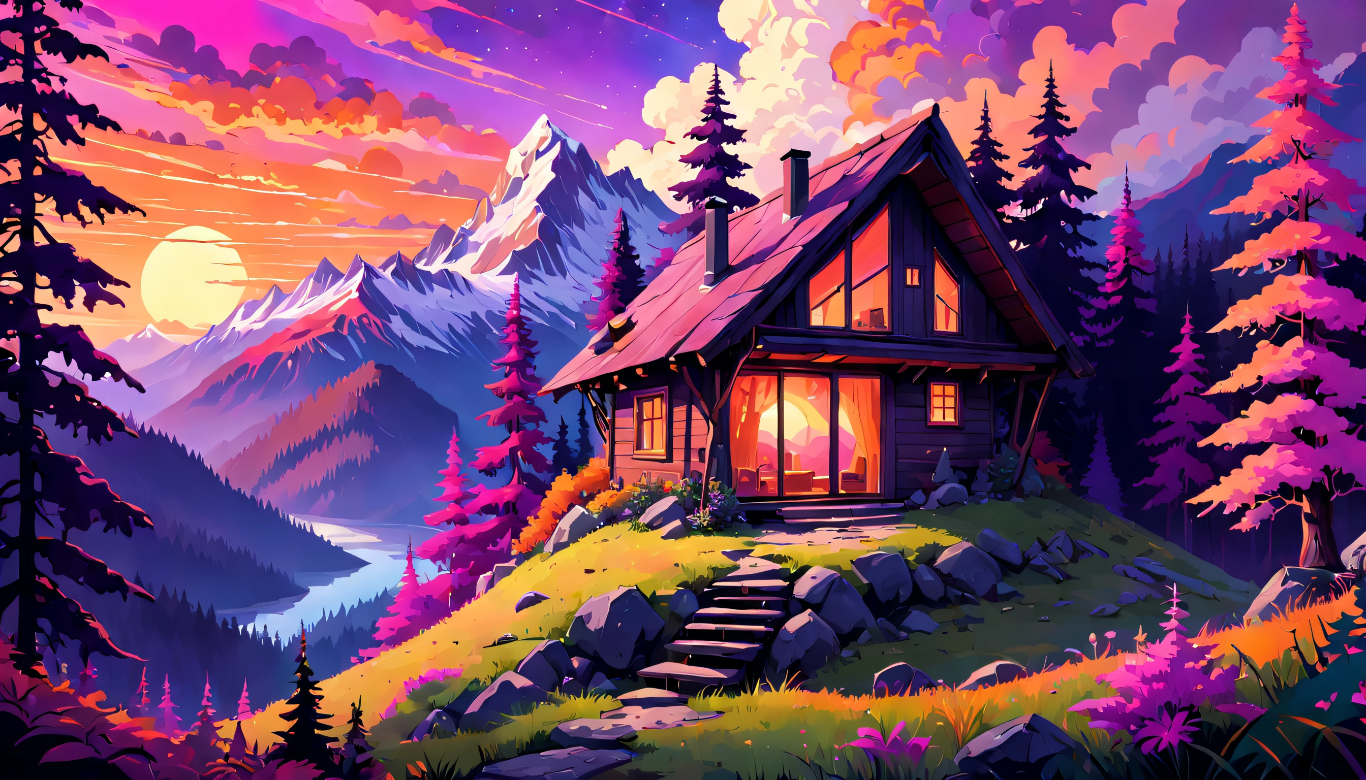 神秘的山间小屋坐落在茂密的, 迷幻森林, 令人惊叹的日落天空投射出充满活力的, 暖色调的紫色, 粉色和橙色, 创造一种好奇和好奇的氛围.
