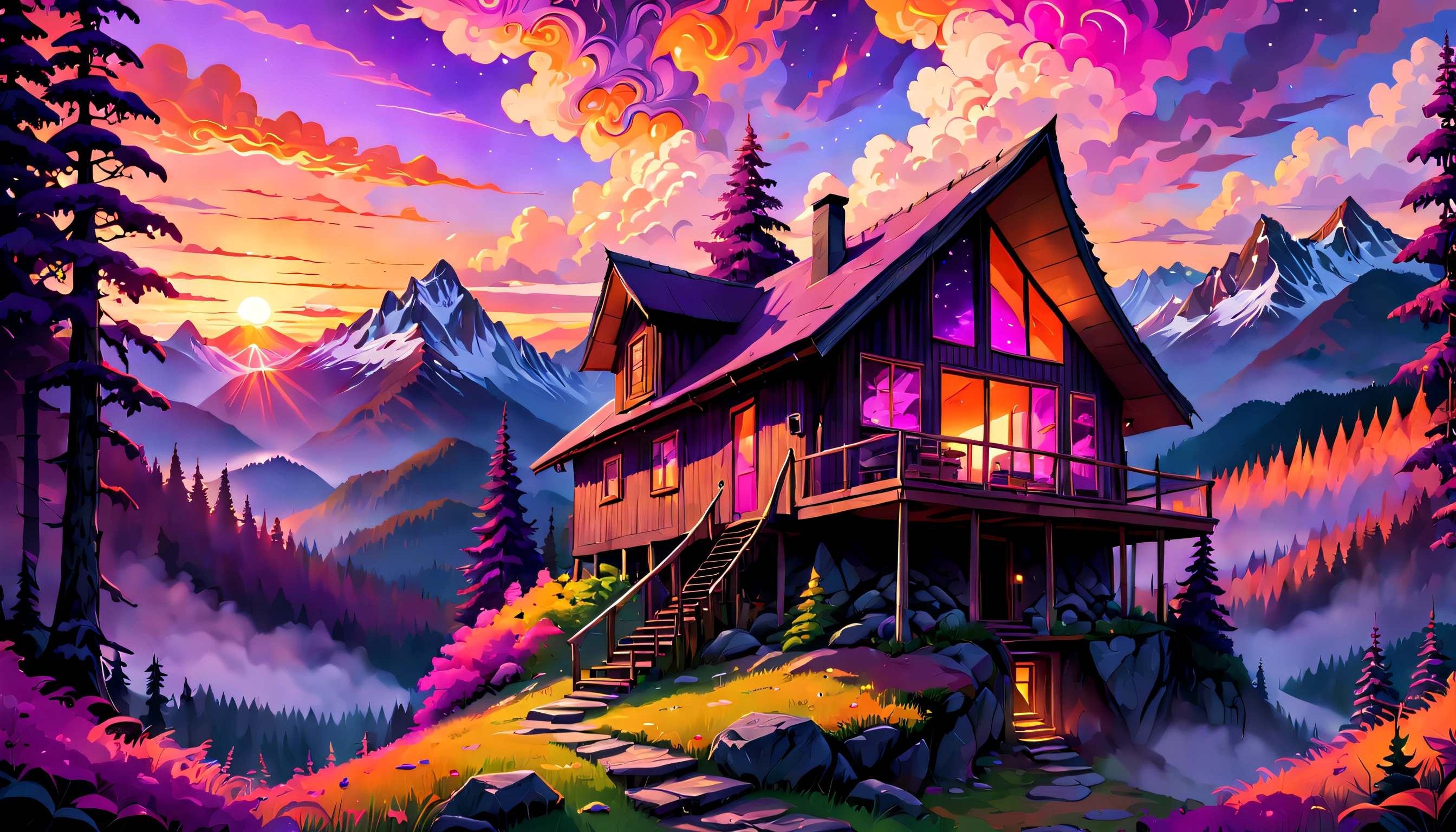 Misteriosa cabana de montanha aninhada entre densas, Florestas psicodélicas, com um céu de pôr-do-sol de tirar o fôlego lançando vibrante, tons quentes de roxo, rosa e laranja, criando uma atmosfera de curiosidade e intriga.