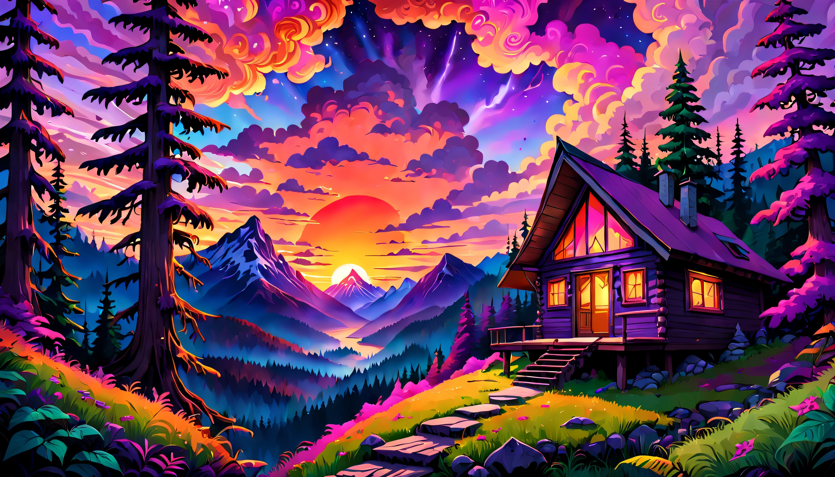 Misteriosa cabaña de montaña enclavada entre densas, bosques psicodélicos, con un impresionante cielo al atardecer que proyecta vibrantes, tonos cálidos de púrpura, rosa y naranja, creando una atmósfera de curiosidad e intriga.