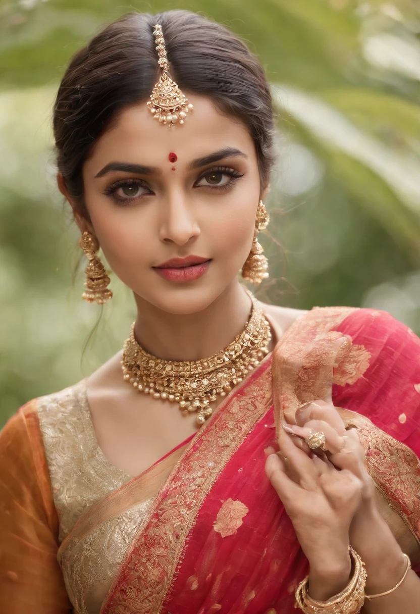 Anusha in a red sari and gold jewellery - SeaArt AI