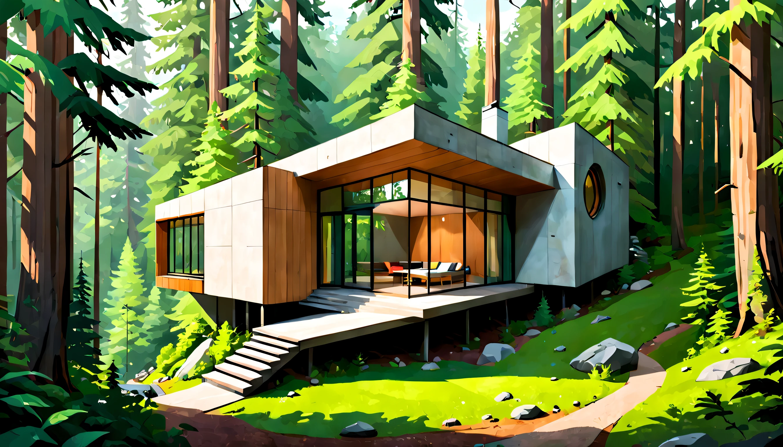 An unexpectedly modern and geometric cabin in the woods, appearing as an organic blend of nature and technology, with lush, vivid forest surroundings, capturing both the serene beauty of the environment and the daring angular architecture in an eye-catching harmony.