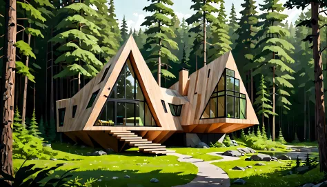 An unexpectedly modern and geometric cabin in the woods, appearing as an organic blend of nature and technology, with lush, vivi...