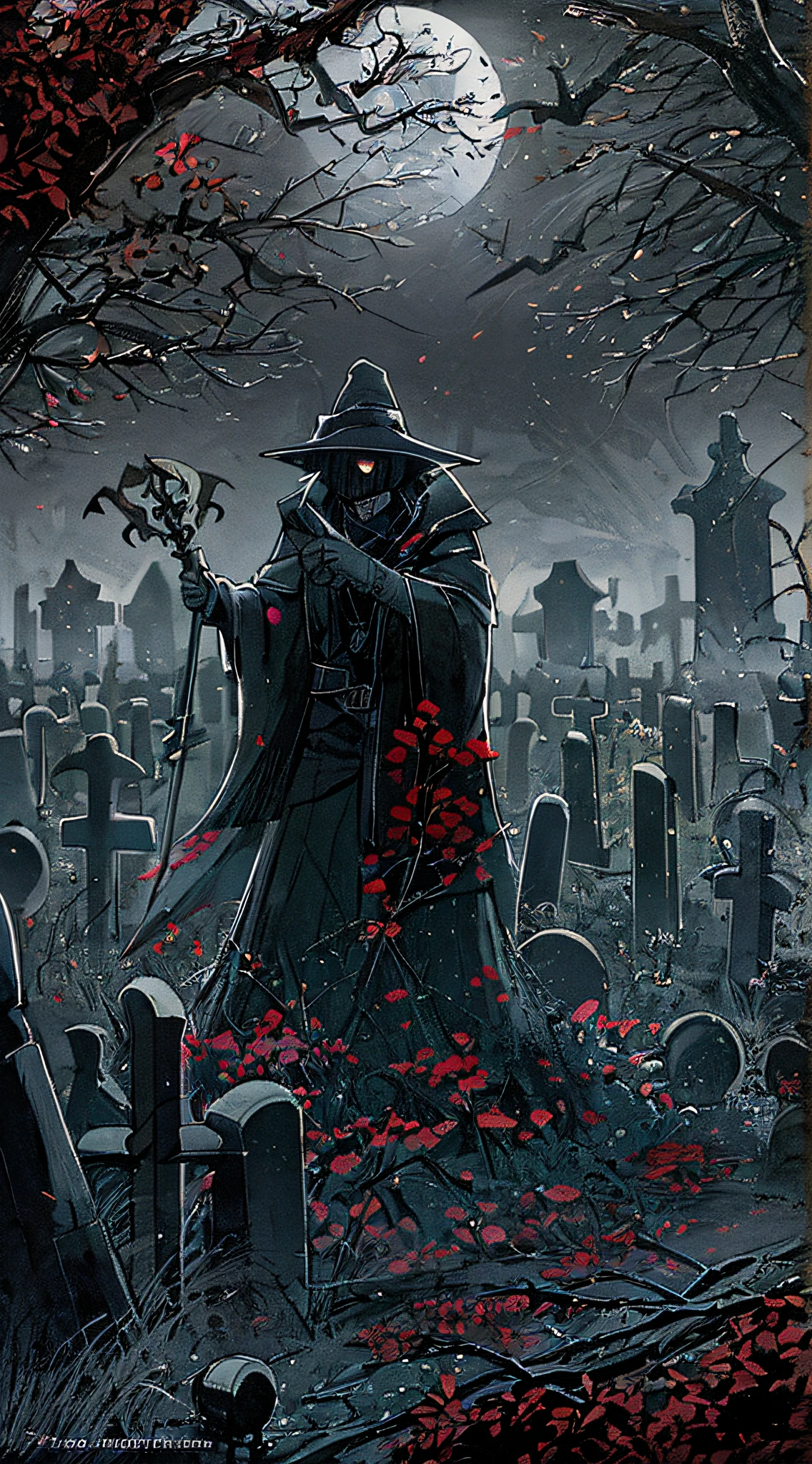 ((masterpiece)), best quality, ultra-detailed, expertly crafted character design, eerie atmosphere, dark and moody lighting, ominous shadows, unique interpretation of grim reaper and plague doctor, (scythe:1.2), (cemetery:1.2), (crimson moon:1.2), (plague:1.2), Escher-style perspective, hauntingly beautiful scene.