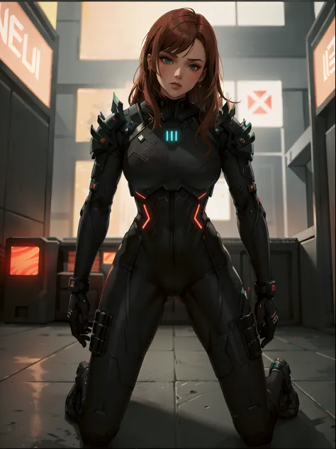 NeonNoir, female woman standing solitary under a subtle red neon glow wearing designer vest, suit trousers,(mechanical arms:1.1)...