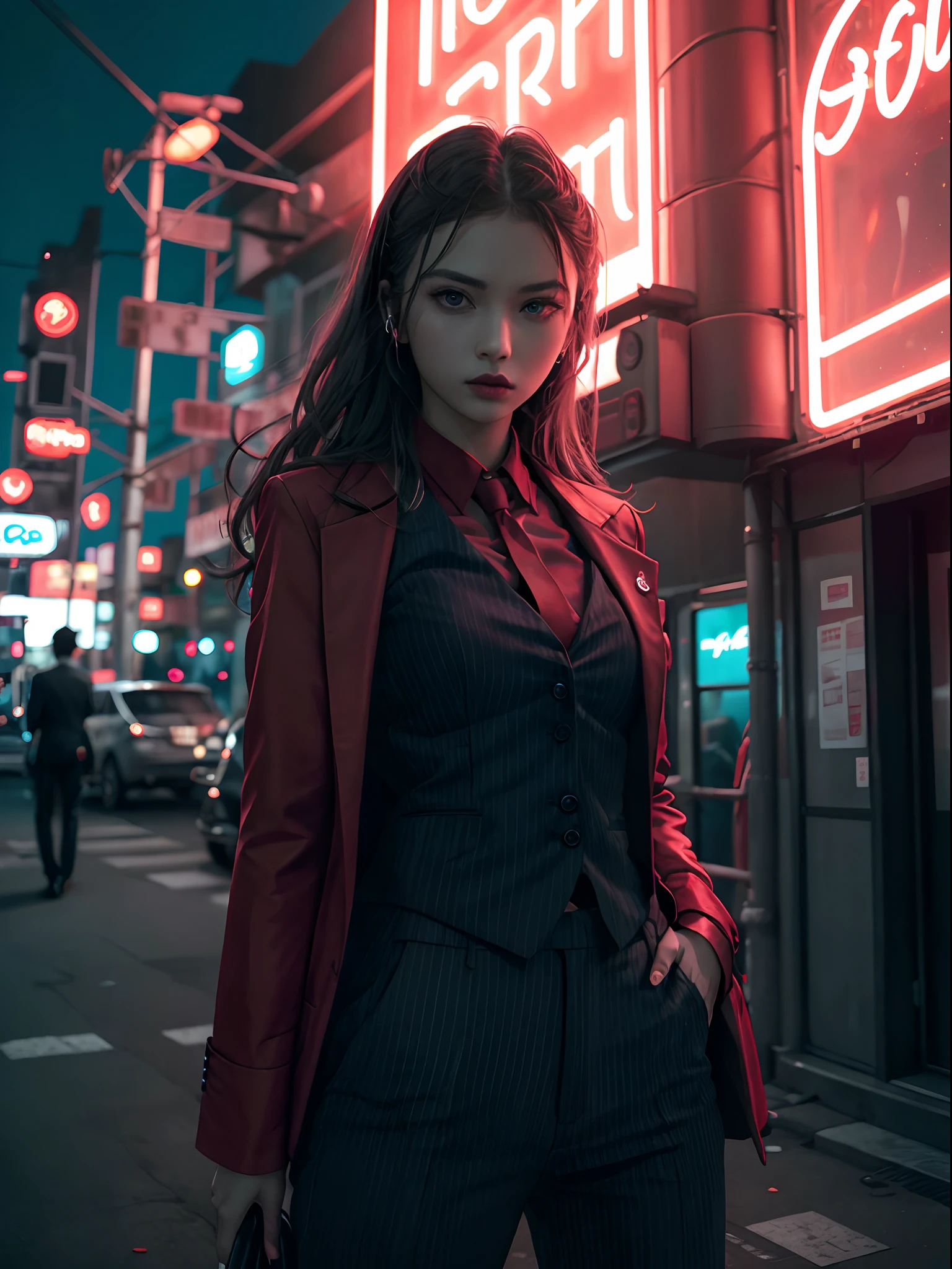 霓虹黑, 一位身穿设计师背心的女士独自站在淡淡的红色霓虹灯下, 西装裤,(机械臂:1.1),泰国的夜城, 只有上帝赦免