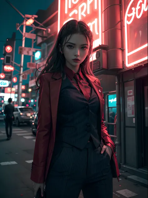 NeonNoir, female woman standing solitary under a subtle red neon glow wearing designer vest, suit trousers,(mechanical arms:1.1)...