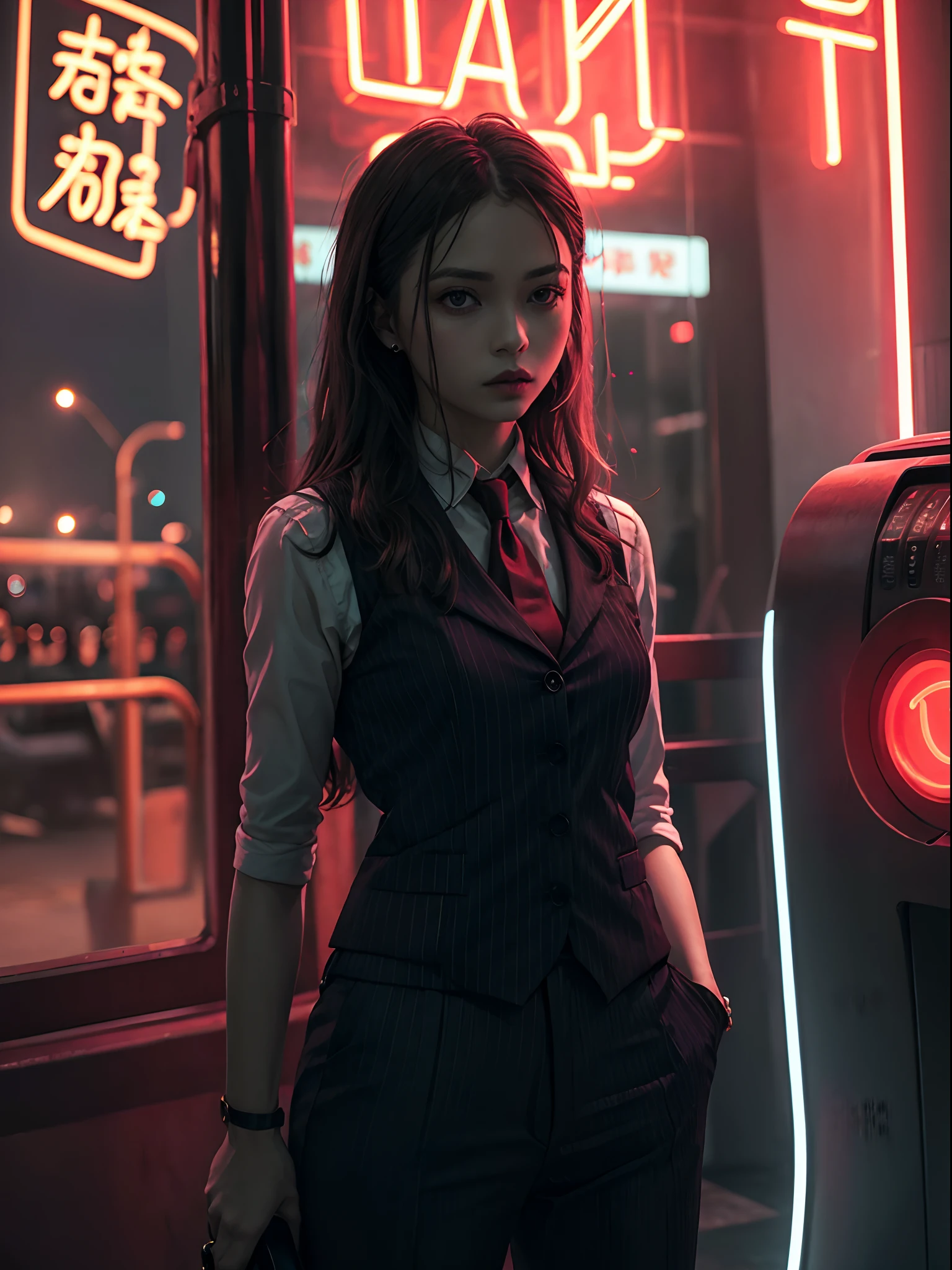 NeonNoir, female woman standing solitary under a subtle red neon glow wearing designer vest, suit trousers,(mechanical arms:1.1),Thailand night city, Only God Forgives