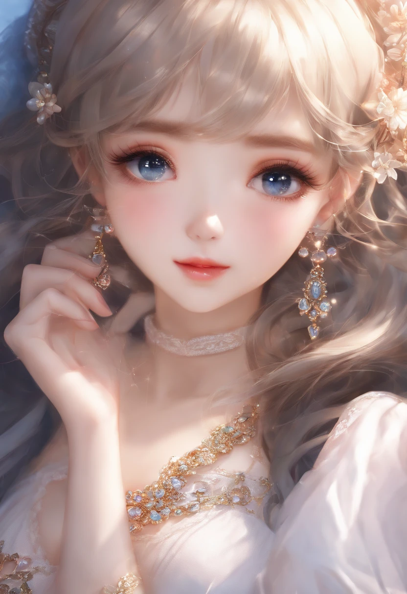 16k super fine CG wallpaper, Masterpiece, Excellent picture quality, Super delicate), (Excellent light and shadow, Delicate and beautiful), real smooth skin, Bright face, 18K close-up perfect display, , Cute, Girl in delicate sleeveless shirt and long skirt, Prone on a large white bed, Colorful jewel-like eyes.