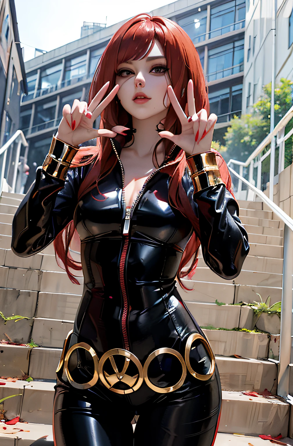 a woman playing the role of the Black Widow character from the Marvel universe. She is equipped with a long red wig and wears a fitted shiny black latex leather catsuit, which is adorned with notable gold trim details and a center zipper. Both of her hands create peace signs as she stands confidently on a staircase. The backdrop features a building, adding depth to the image.