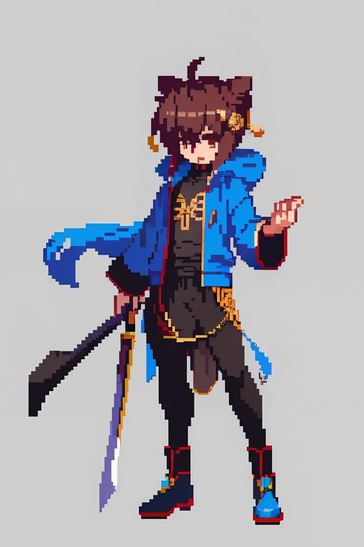 （tmasterpiece，top Quority，best qualtiy），pix，pixelart，shoun，male people，Taoist, Brown hair, black long sword,Tai Chi pattern,There is a bun，blue hairs，cloth shoes,Hooded jacket, chill out, It has a refined pixel style，It belongs to the game character design...