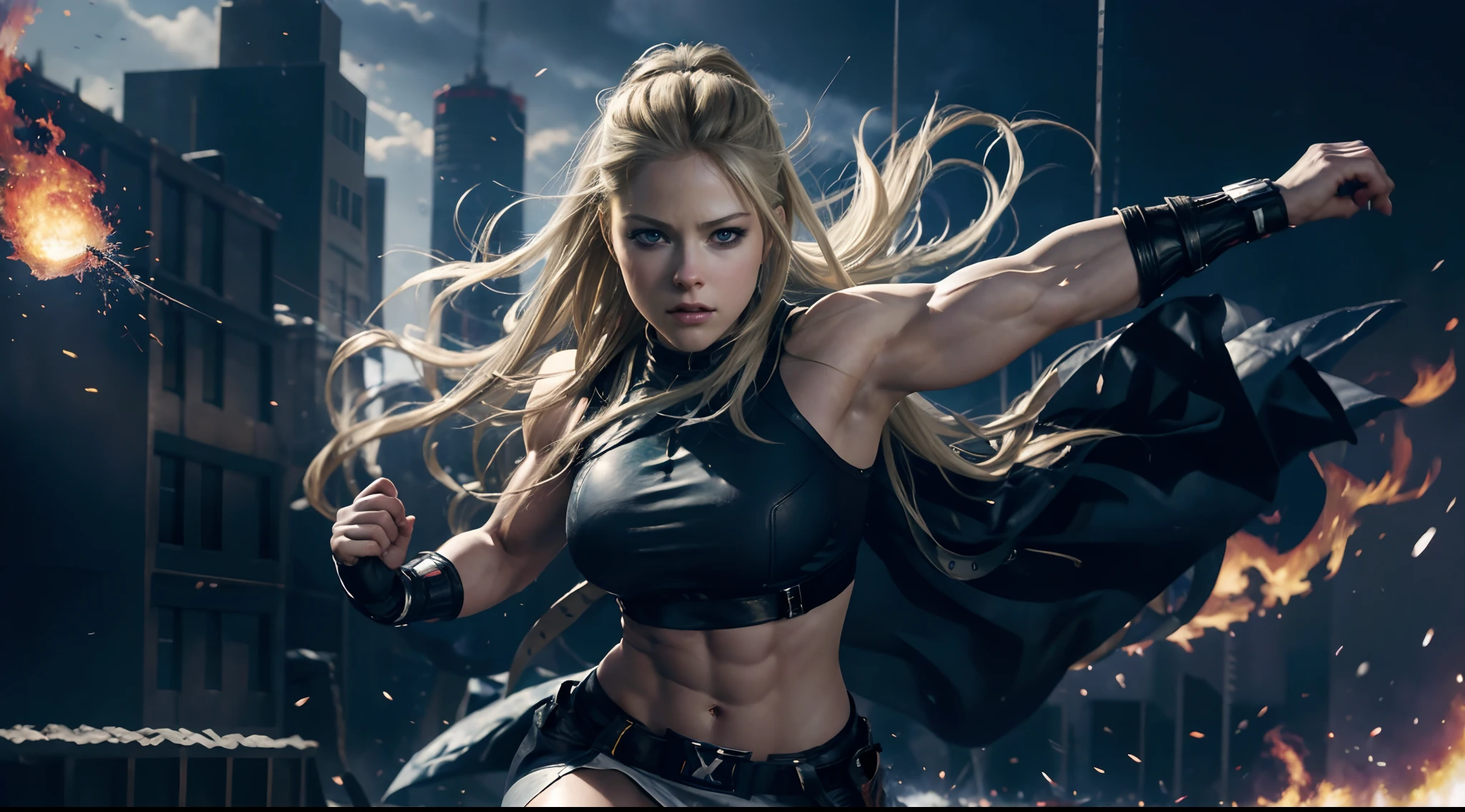 hyperrealistic, 8k definition, masterpiece, very detailed, 24yr old (Avril Lavigne:1) with huge muscles flying thru the sky (like Xmen Rogue) over a modern city, wearing white tight sports top and miniskirt , holding fire in her hand, fire hair, dressed like Xmen Rogue, perfect body, showing abs and legs, (hyperrealistic portrait, big depth of field, colors, polycount), concept art, wide shot, full body in the picture