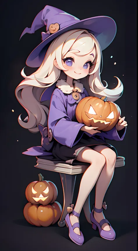 Cute Halloween Theme、full body Esbian、A smile、 The Wand and the Magic Book、Glamorous Hat、Halloween Accessories、Draw clothes buttons and pockets in a Halloween style、Cute shoes、sit a chair、bio luminescent、radiant light