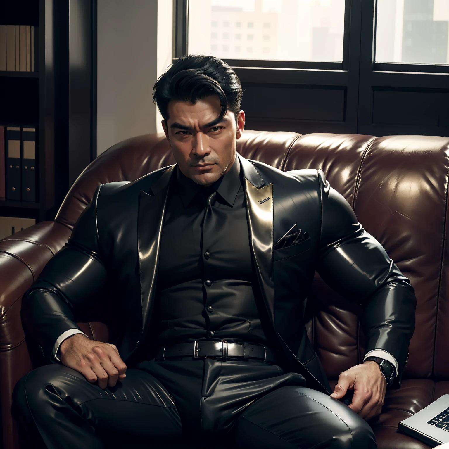 30 years old,daddy,shiny suit ,Dad sat on sofa,k hd,in the office,big muscle, gay ,black hair,asia face,masculine,strong man,the boss is,handsome,sex,leather gloves,lecherous dad,look straight ahead,dad is handsome,dad is handsome ,dad is  dad