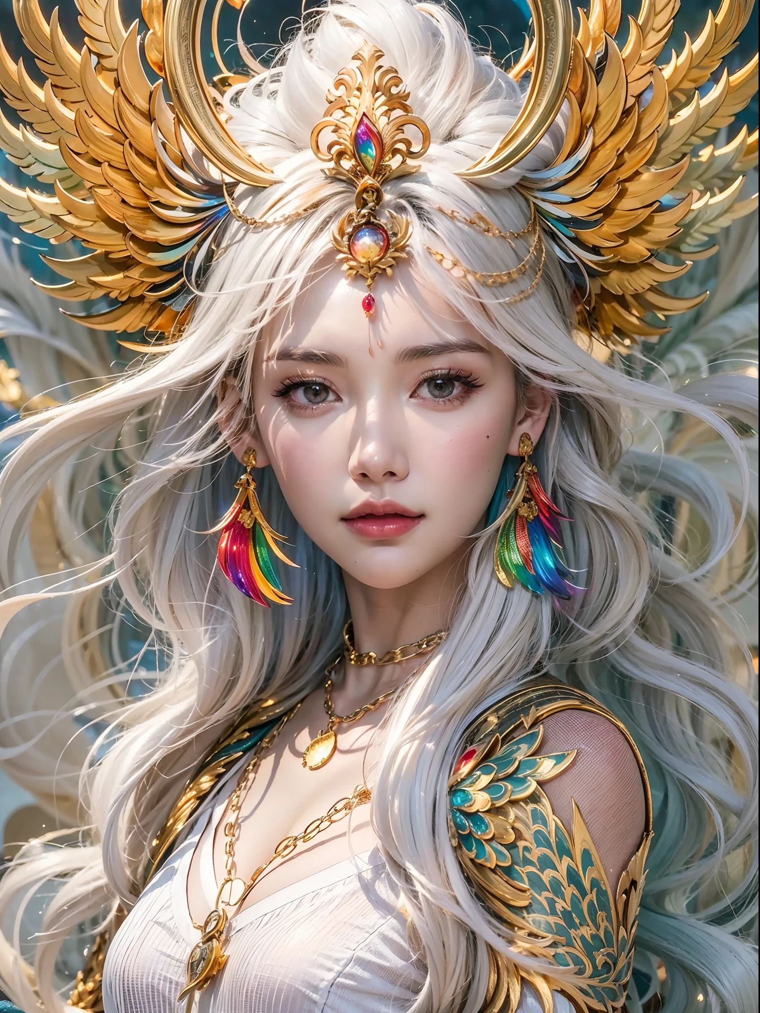 Une belle fille avec un phénix arc-en-ciel, （（La jeune fille porte une robe blanche unie）），（Il porte sur la tête une délicate couronne chinoise en or.：1.4），（Décoration de chaîne en or），traits du visage parfaits，visage délicat，cheveux longs et blancs, Aussi gracieux qu&#39;un cygne, sagesse, contre, Phénix arc-en-ciel，flamme, ailes,Le phénix protège la fille，Le fond est des nuages, connexion mystérieuse, Égide, confiance，qualité d&#39;image réaliste，photoréaliste，8k，meilleure qualité，chef-d&#39;œuvre，qualité de niveau film，Clair-obscur élevé，rendu par octane，Vêtements décorés de motifs dorés et foncés