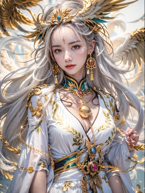 A beautiful girl with a rainbow phoenix, （（The girl wears a plain white robe）），（He wears a delicate gold Chinese crown on his he...