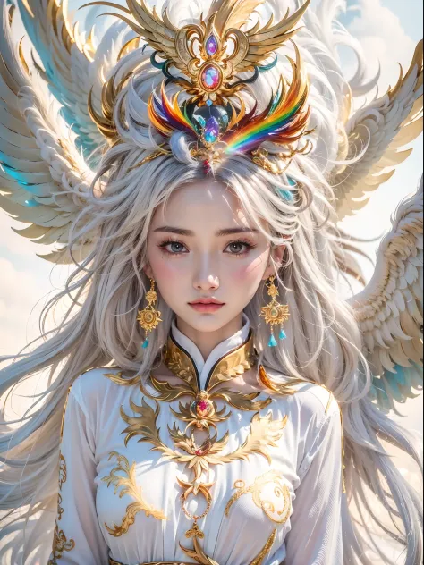 A beautiful girl with a rainbow phoenix, （（The girl wears a plain white robe）），（He wears a delicate gold Chinese crown on his he...