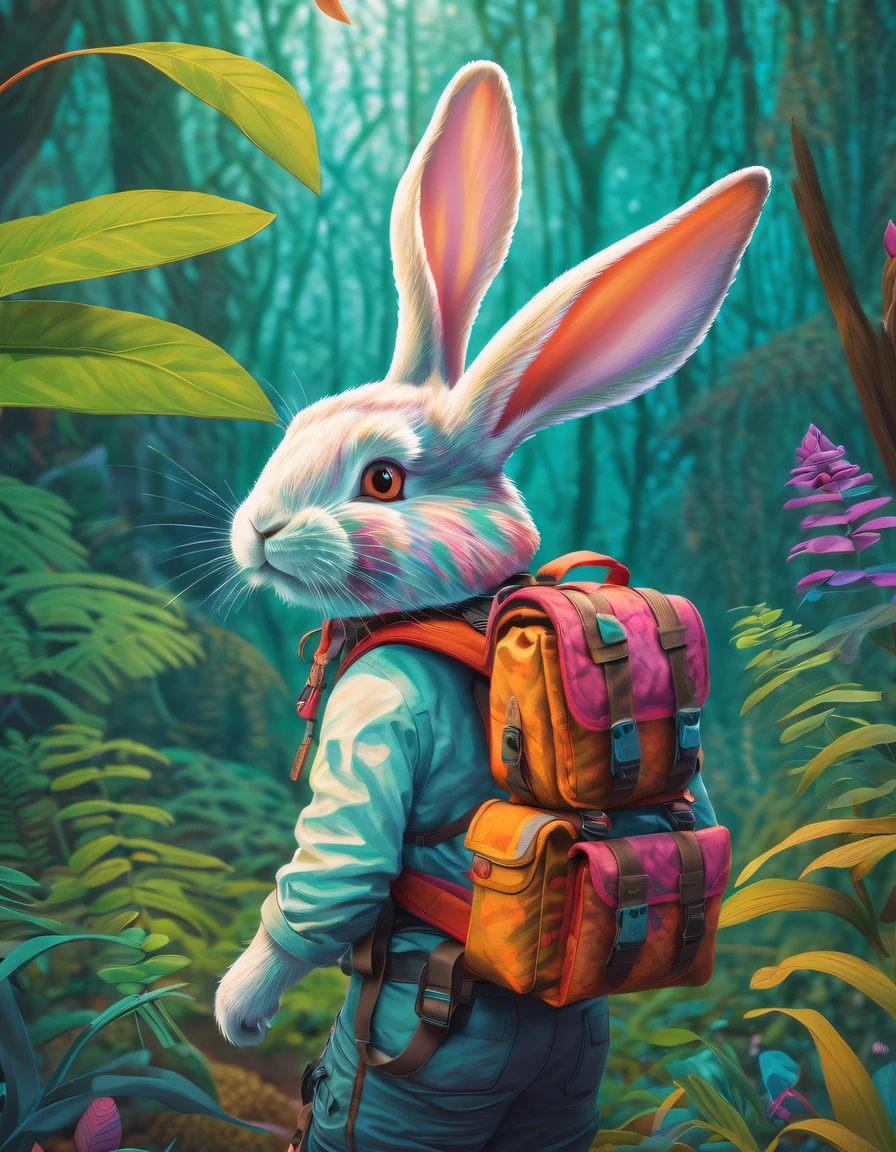 an adventurous bunny equipped with a backpack and binoculars, exploring diverse natural habitats. The composition showcases the bunny's curiosity and love for nature, as it immerses itself in different ecosystems. The use of vibrant colors and intricate details adds depth and visual interest to the artwork, evoking a sense of awe and appreciation for the beauty of the natural world. Created by renowned digital artist James Gurney