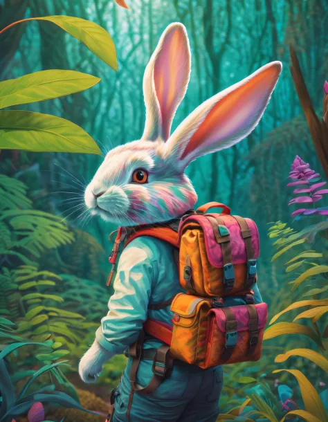 an adventurous bunny equipped with a backpack and binoculars, exploring diverse natural habitats. The composition showcases the ...