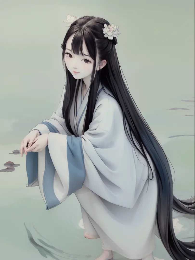 ((4k,masterpiece,best quality)), shuimobysim, traditional chinese ink painting, lotus,  hanfu, maxiskit, dress conservatively
1girl, solo, long blue hair, smile, standing, feet in the water, barefoot,