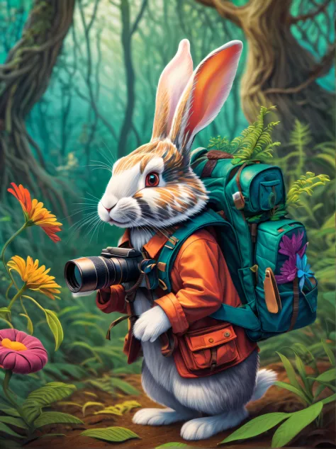 an adventurous bunny equipped with a backpack and binoculars, exploring diverse natural habitats. the composition showcases the ...