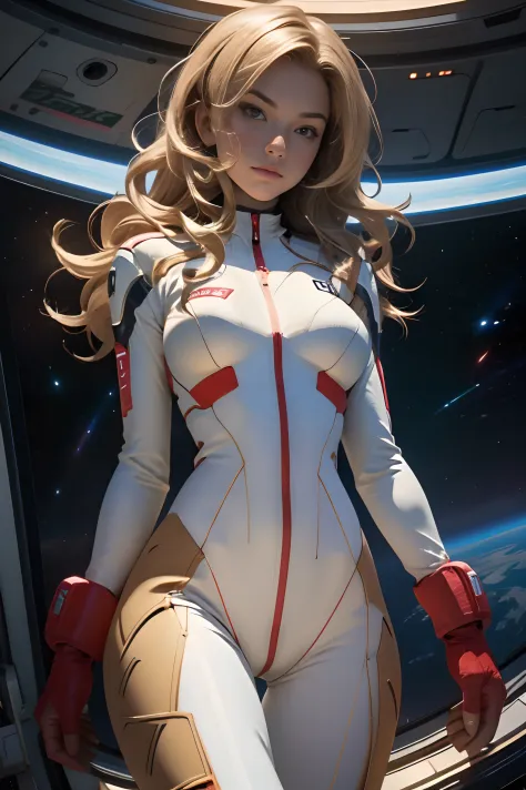 sandy hair fit body large breasts slender thighs slender waist pilot suit solo looking at viewer in space long hair blushing det...