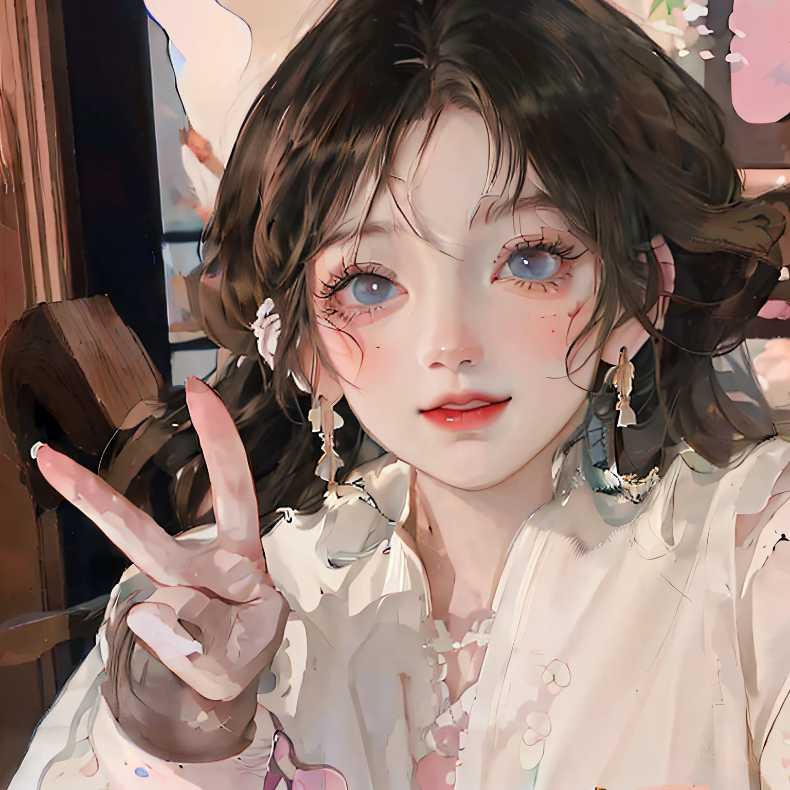 (ultra-detailed, photorealistic),(4k, highres, best quality:1.2), cute realistic portrait of an anime girl with brown hair and blue eyes, peace sign, Ghibli-style artwork, digital anime illustration, Ghibli, beautiful anime portrait, soft anime illustration, cute and detailed digital artwork, lovely anime girl portrait, anime-style portrait, detailed digital anime art, Ghibli-inspired piece, intricate portrait of an anime girl in a Pixiv Art station, detailed portrait of an anime girl with brown hair and blue eyes