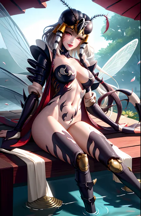 ((Masterpiece)),((Best quality)),((absurderes)),((opulent)),straight-on,The upper part of the body_Body,Pose,Looking_at_peeping at the viewer,Mosquito woman_White,Love the Waifu,Horns,Red_Eyes,helmet,Makeup,arthropods_Girl,lipstick,Large_Breasts,antennas,i...
