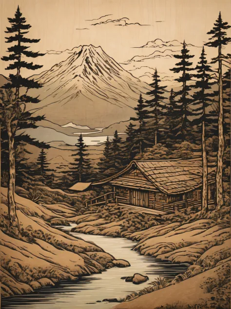 Transport yourself to a simpler time with this captivating woodcut print featuring a traditional mountain cabin. The composition...