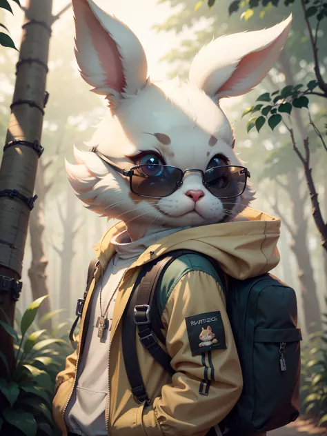 Cartoon bunny jacket，Wearing sunglasses，Carrying a rucksack，In the forest，top-quality， single focal， 复杂 （the detail： 1.1） unreal-engine，tmasterpiece， （ultra-detailliert），