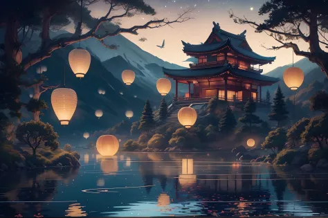 A nightscape inspired by Japanese art, with a Mountain lit by paper lanterns and a wooden cabin over a tranquil lake. The starry sky is reflected in the water, creating a magical environment. On the shore of the lake, there is a small Zen temple lit by can...