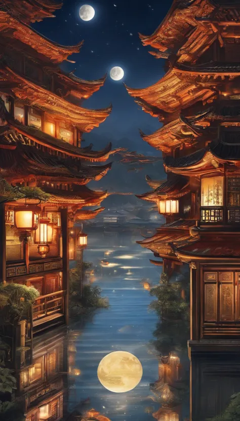 Yueyang Building，Mid-autumn night view，Not a single person，Beautiful views，The moon is reflected on the waves，Heaven and earth are pure，Autumn colors are clear，Everything was beautiful，The starry sky hides its brilliance，Give way to moonshine，Golden wind a...