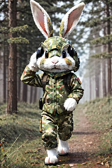 There is a painting，A rabbit wearing a camouflage helmet and camouflage pants, A rabbit, Furry character, cute character, Anthropomorphic rabbits, Anthropomorphic cyberpunk bunny,(On the run:1.2)
